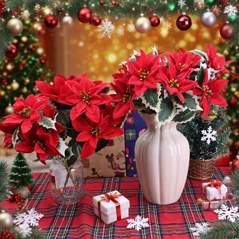 5/7 Heads Red Christmas Simulation Flowers - DIY Wreath - Xmas Tree ...