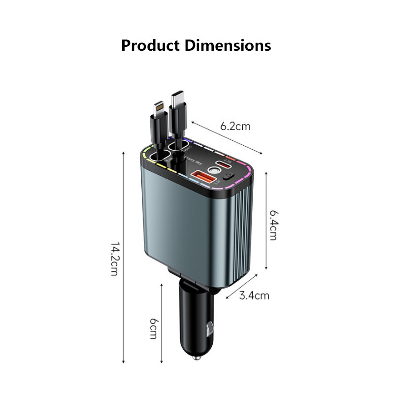 152W Retractable Car Charger Starry Sky Car Charger 4 USB Port Digital ...