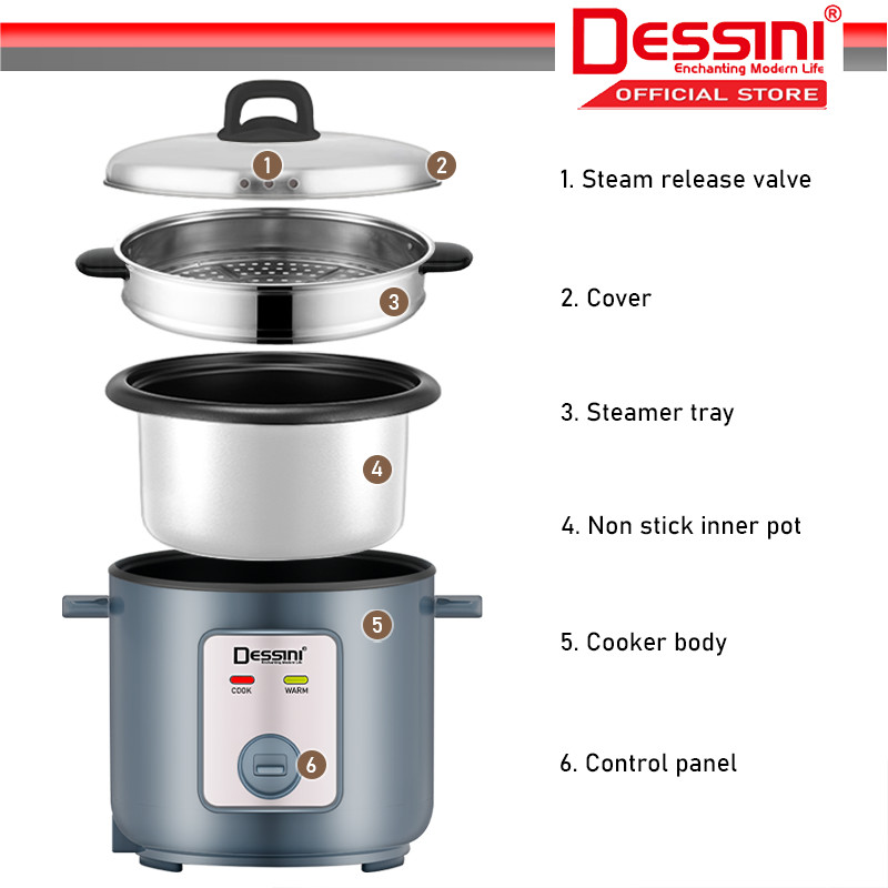 DESSINI ITALY 2.0L Electric Rice Cooker Non Stick Aluminium Inner Pot ...