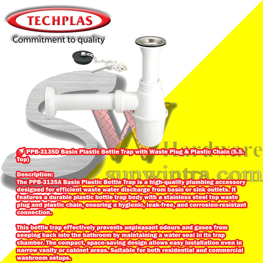 TECHPLAS 32MM / 1-1/4 Inch Basin Plastic BOTTLE TRAP C/W WASTE Plug ...