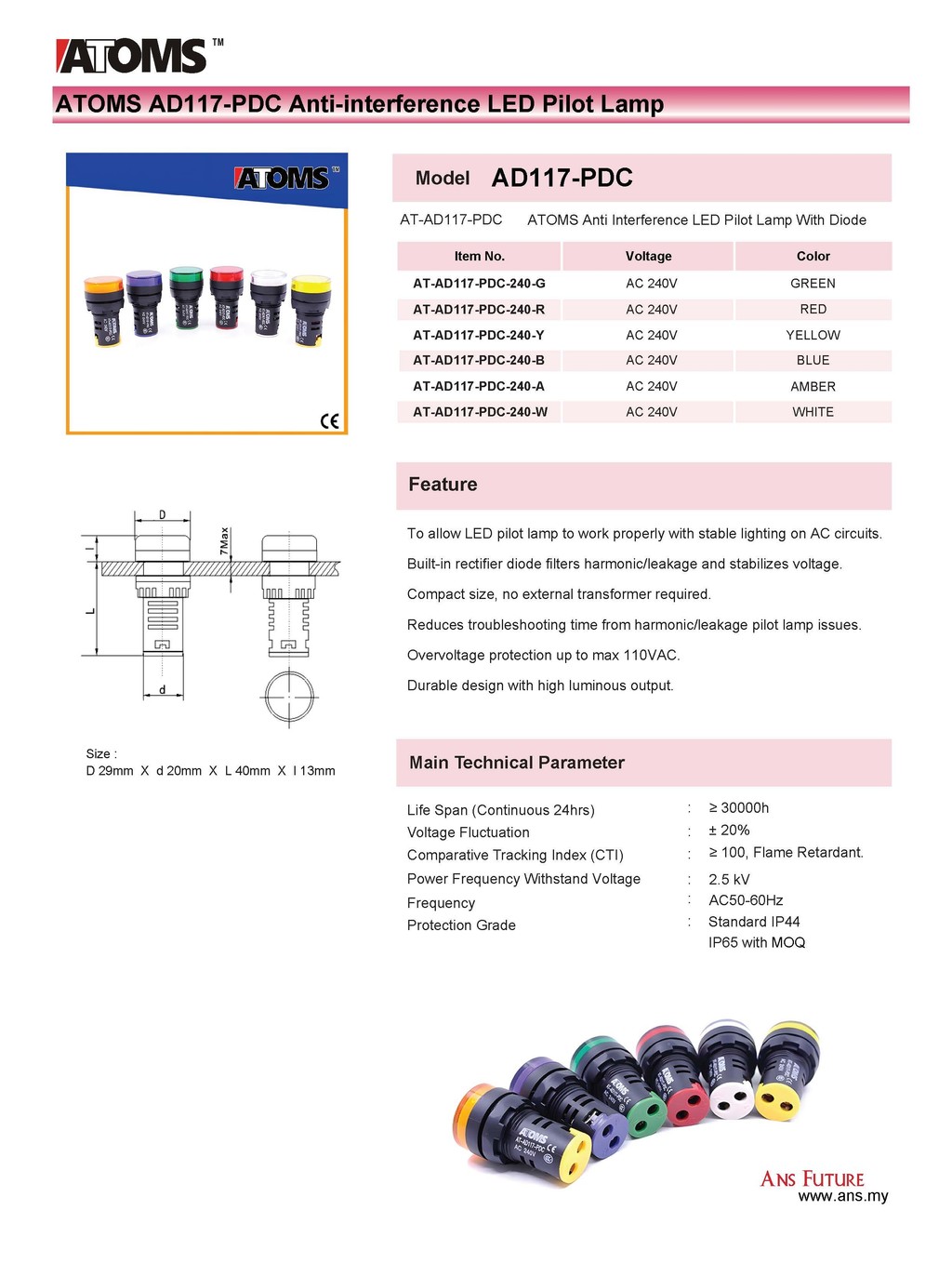 ATOMS AD117-PDC 240VAC LED Pilot Light With Diode Anti-Interference ...