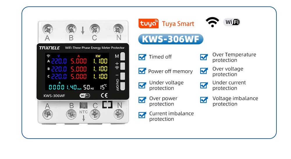 TUYA Wifi 3 Phase AC 85-290V 80A Power Energy Meter Monitor Voltage ...