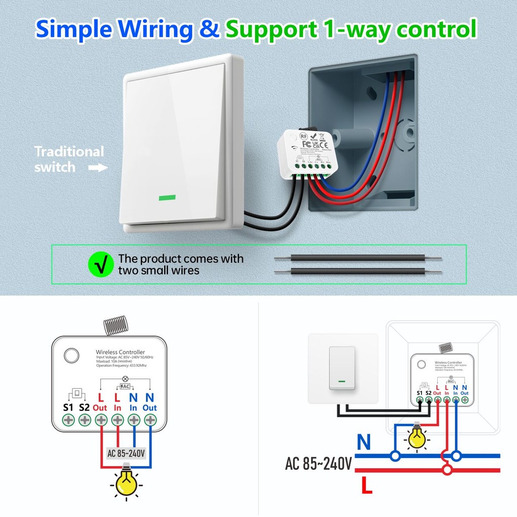 Adapts to existing wall switches RF 433MHz Wireless remote control ...