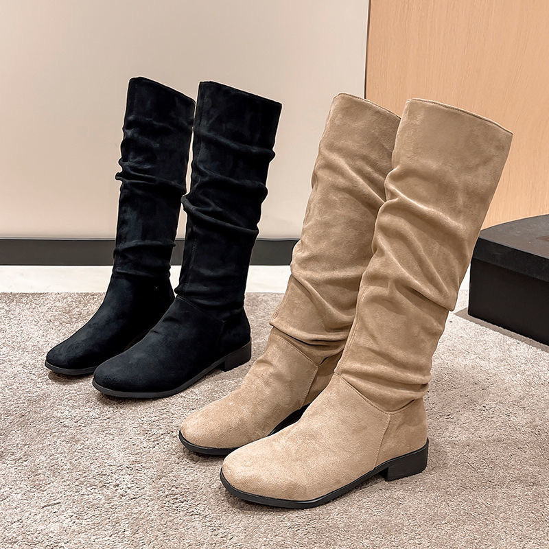 Women's Sexy Mid-Calf Boots Retro Ruched Design Riding Boots | Shopee ...