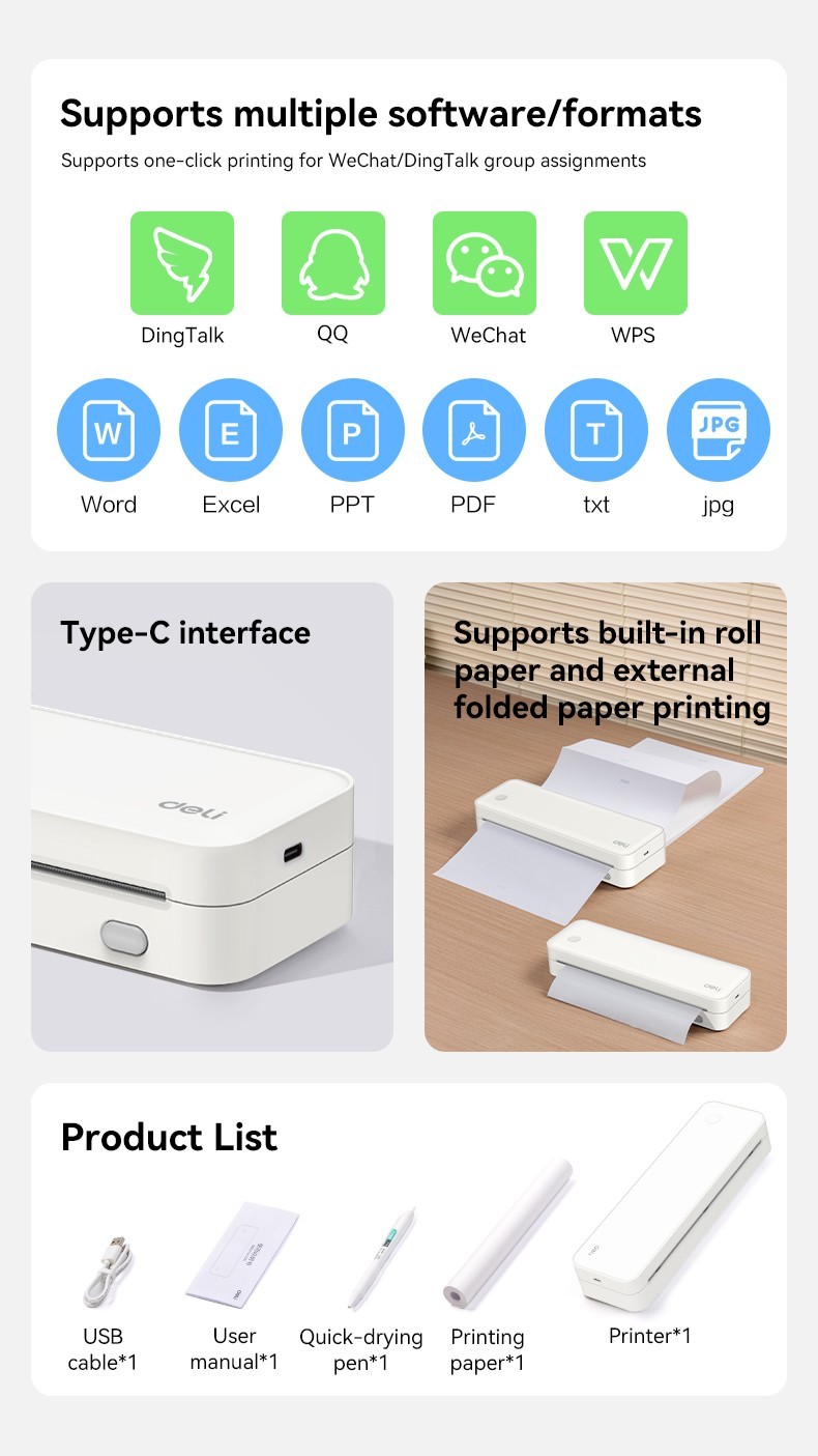Deli Wireless Bluetooth A4 Portable Thermal Printer Inkless 203dpi ...