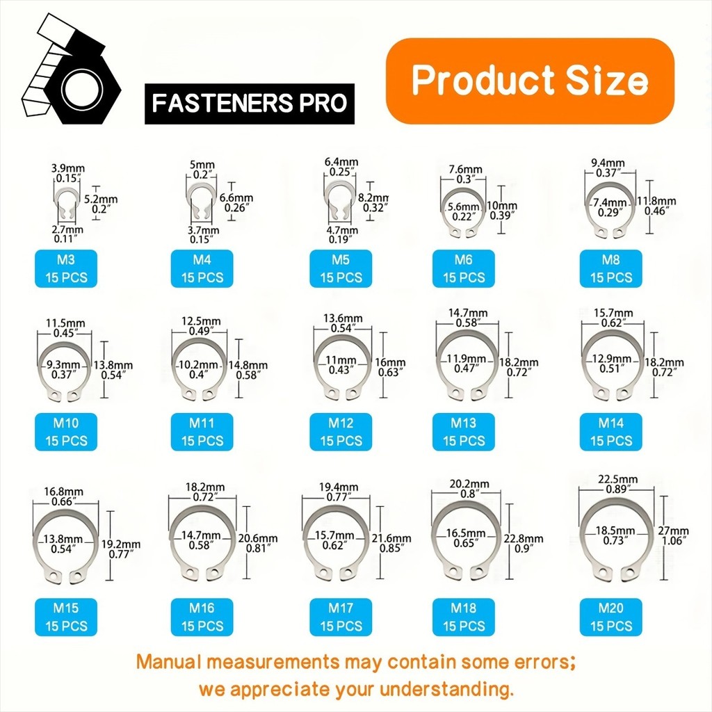 225pcs C-Clips External Retaining Ring Kit 15Sizes 304 Stainless Steel ...