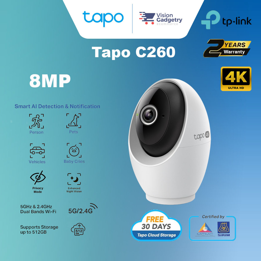TP-Link Tapo C260 4K 8MP Pan/Tilt AI Home Security Wi-Fi Camera ...