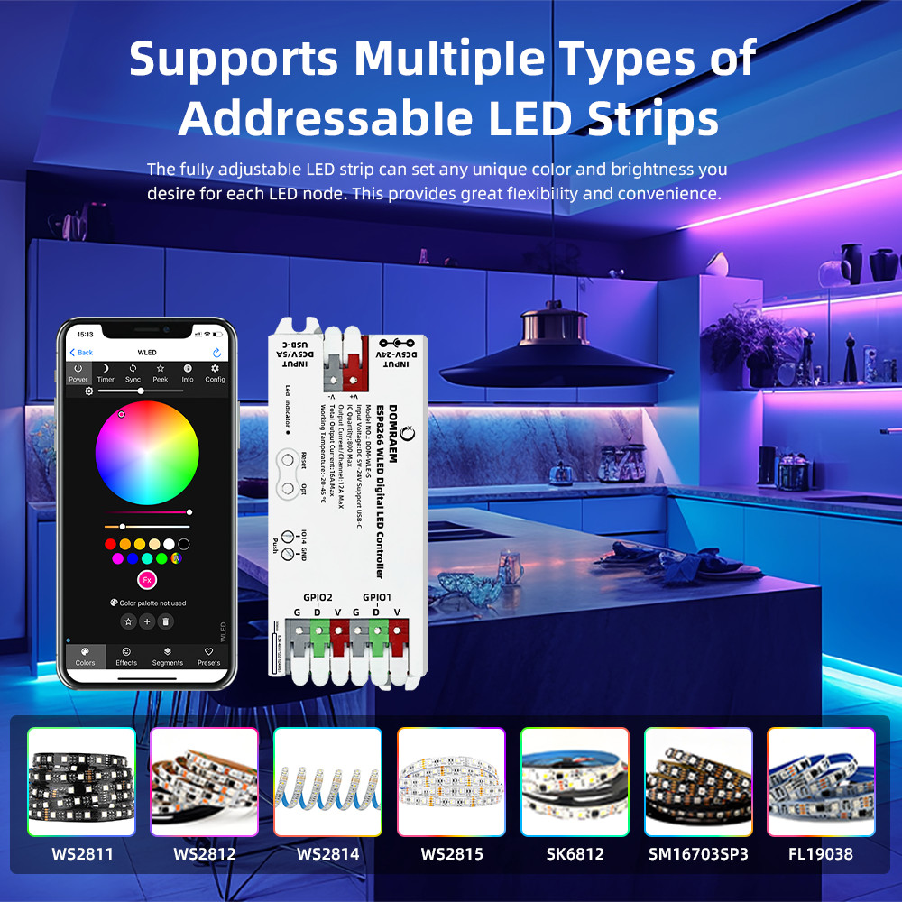 DOMRAEM ESP8266 WLED USB-C Addressable LED Controller Supports WS2811 ...
