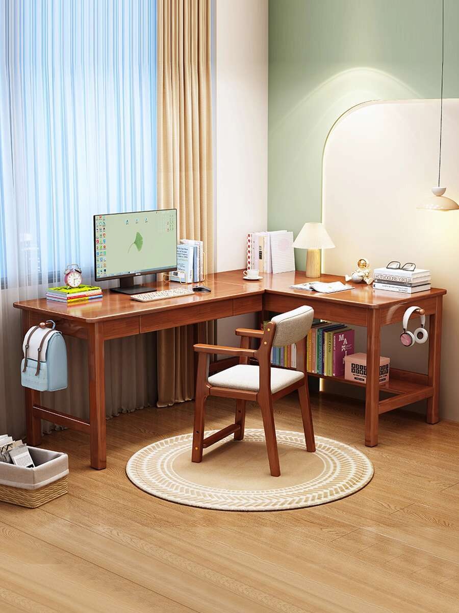 Solid Wood Corner Desk L-Shaped Wall-Mounted Computer Desk Home Office ...