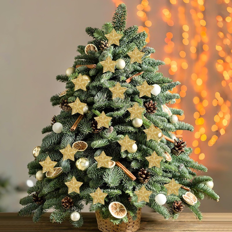 4/16Pcs Gold Glitter Star Ornaments Christmas Tree Pendant Mini Hanging ...