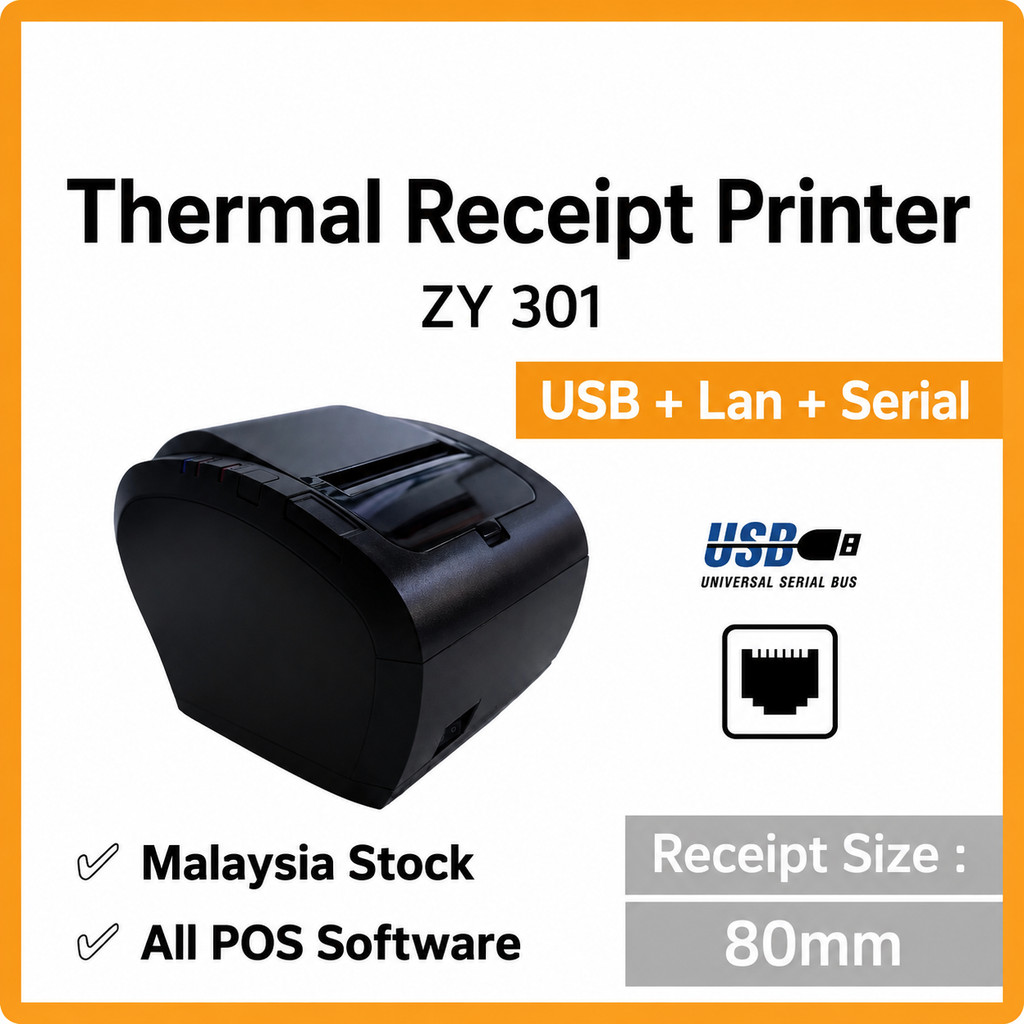 ZYWELL ZY301 80mm Thermal Receipt Printer (USB+LAN+Serial) pos system ...