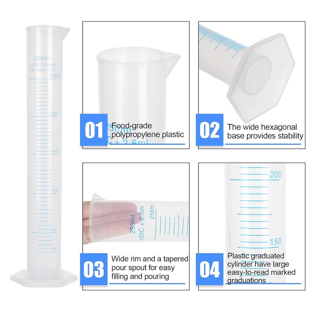 5Pack 250ml Plastic Graduated Cylinder, Transparent Measuring Cylinder ...