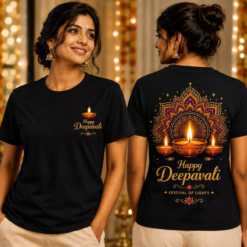 Baju T Leher Bulat Wanita Happy Deepavali Cetakan Lampu Diya di Dada ...