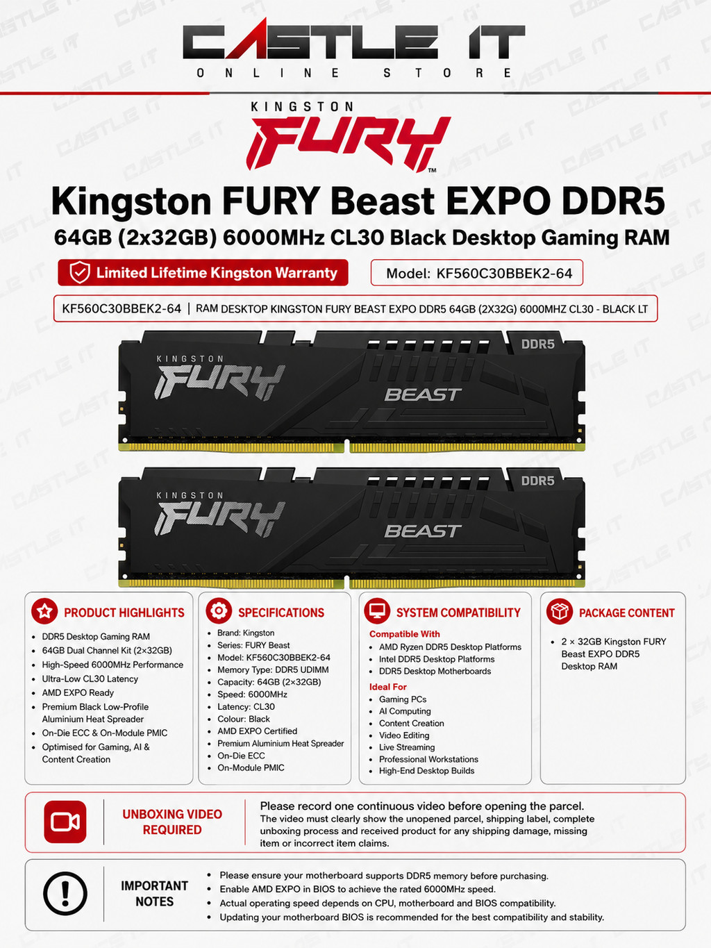 Kingston FURY Beast EXPO DDR5 64GB (2x32GB) 6000MHz CL30 Black Desktop ...