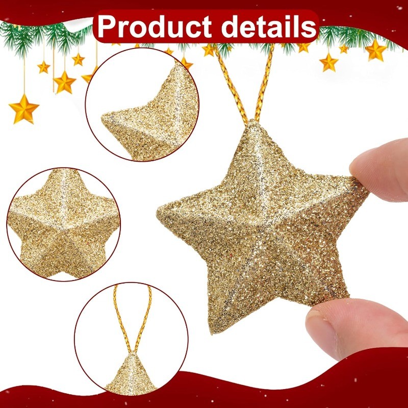 4/16Pcs Gold Glitter Star Ornaments Christmas Tree Pendant Mini Hanging ...