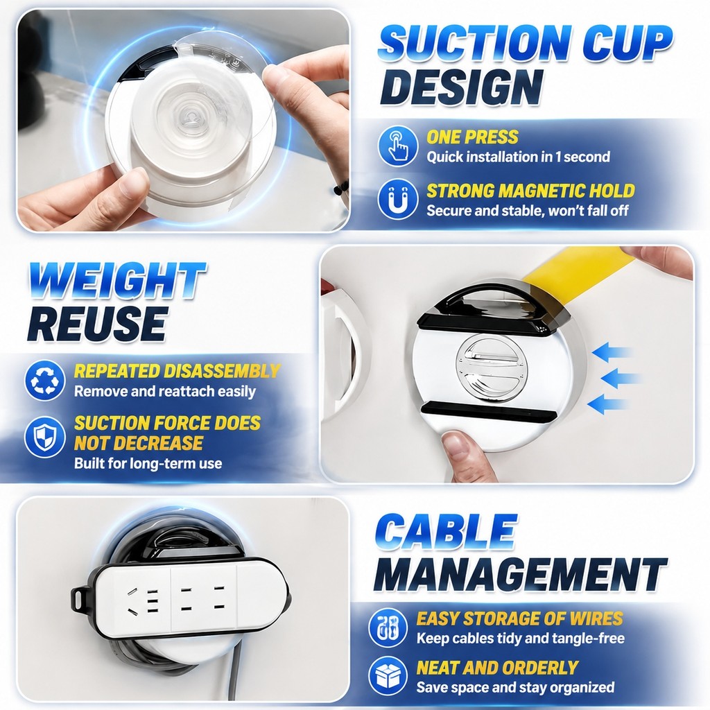 Reusable Suction Cup Power Strip Rack Wall Socket Holder Plug Cable ...