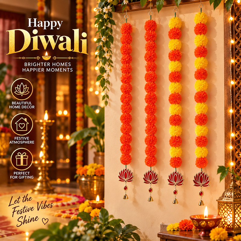 Diwali Artificial Marigold Toran Garland with Bell Door Hanging ...