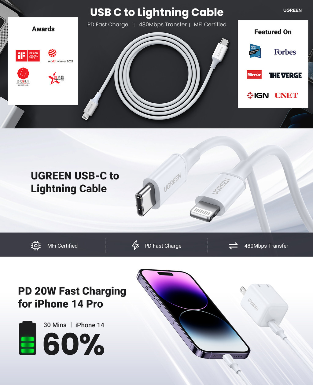 UGREEN MFi USB C To Lightning Cable Apple MFi Certified PD 60W