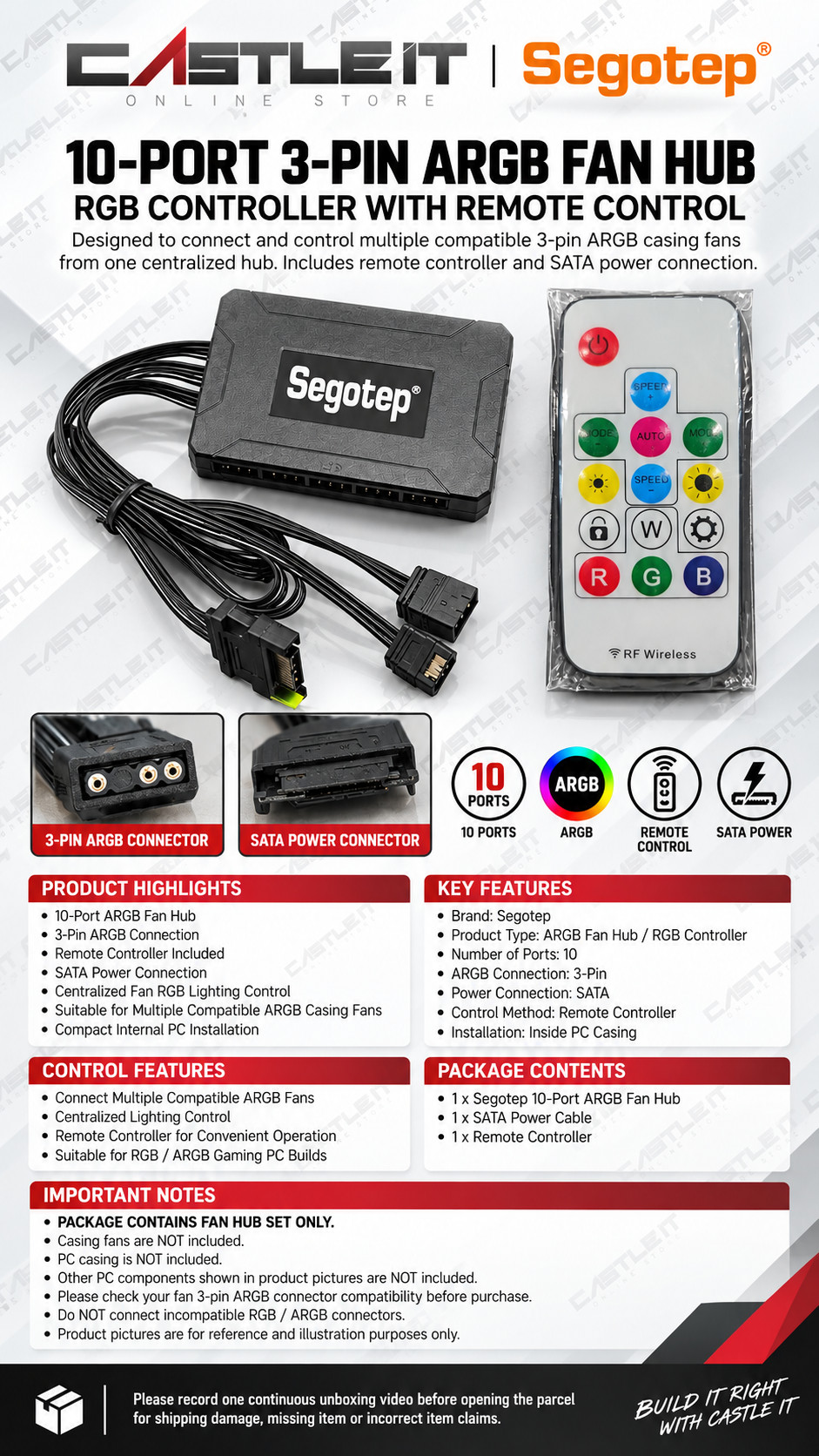 Segotep 10-Port 3-Pin ARGB Fan Hub RGB Controller with Remote Control ...