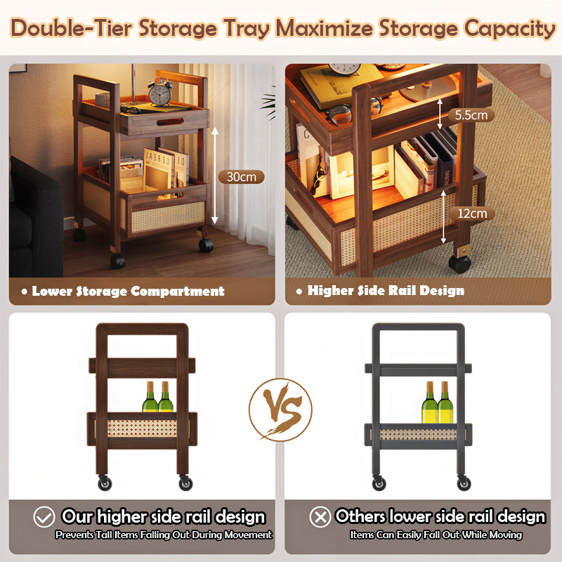 GDeal 2 Tier Trolley Side Table Bedside Cabinet Wheels Bamboo Storage ...