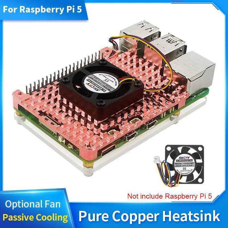 TA Raspberry Pi 5 Pure Copper Heatsink Metal Cooling Case Optional Fan ...