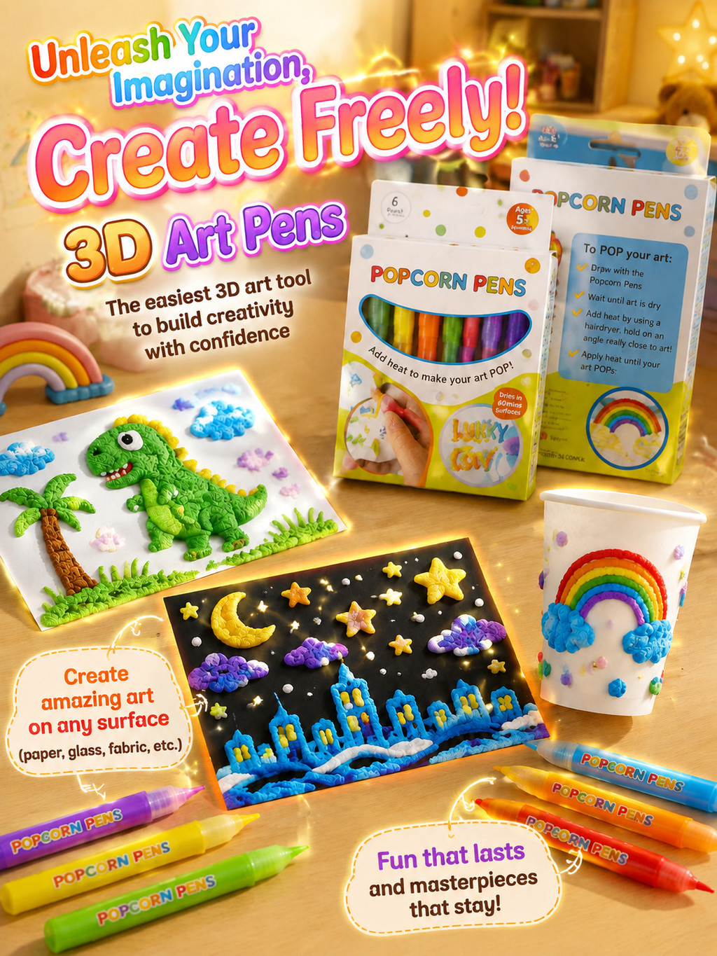 🎨Turn 2D Into 3D🎨3D Drawing Pen 3D Printed Bubble Pen Kids Popcorn Pen ...