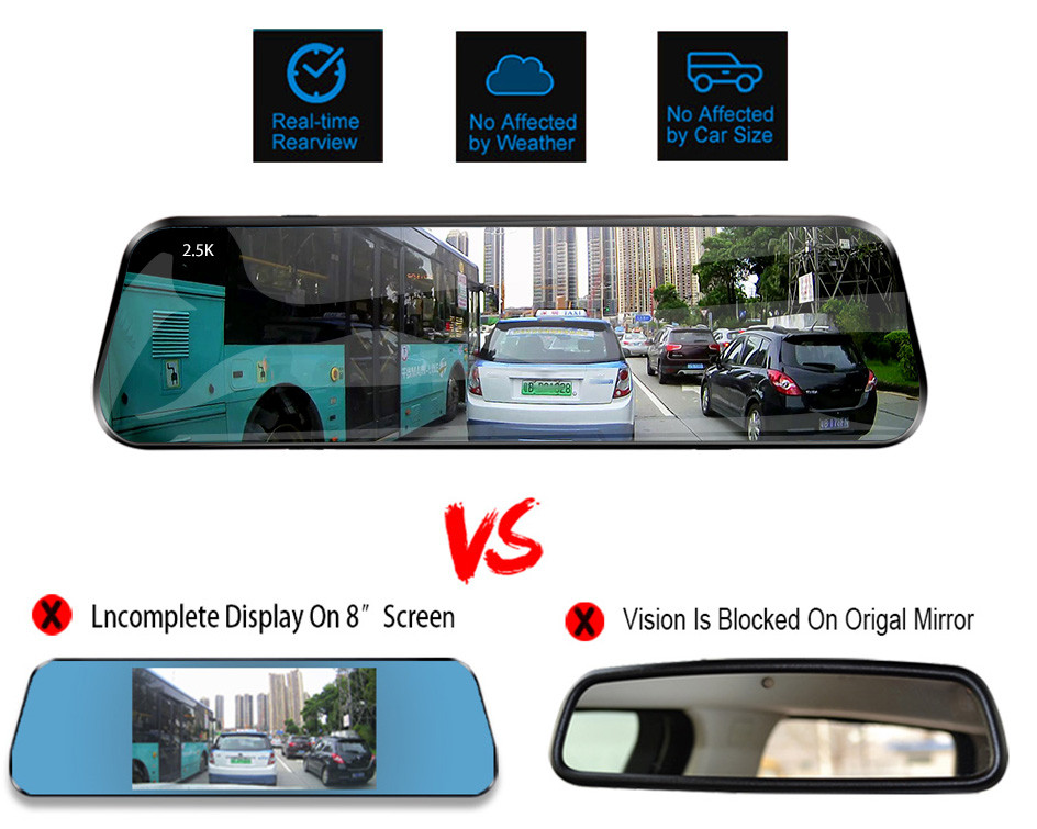 Car Dvr 10 Inch Rear View Mirror 2.5K WIFI Dash Cam With Rear View ...