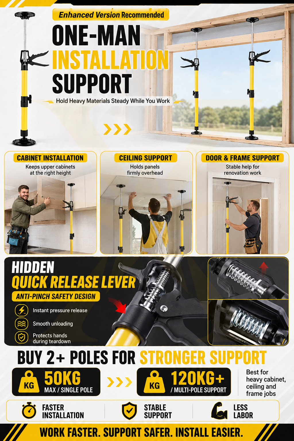 115-290cm Telescopic Support Rod Cabinet Jack Adjustable Drywall ...