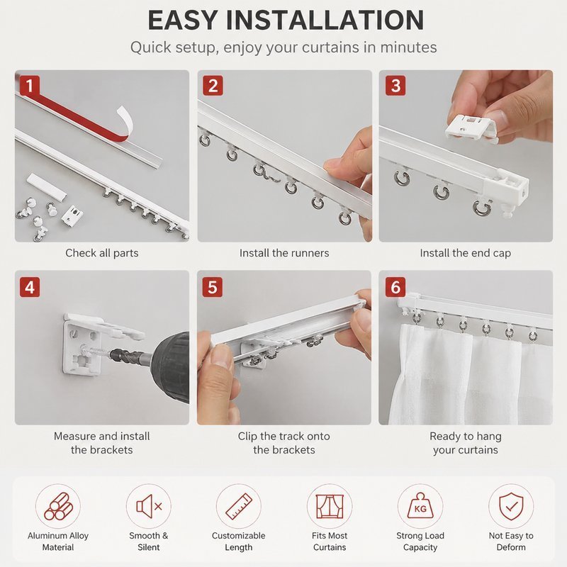 1M Curtain Rail Silent Curtain Track Punch-Free Curtain Rail Self ...