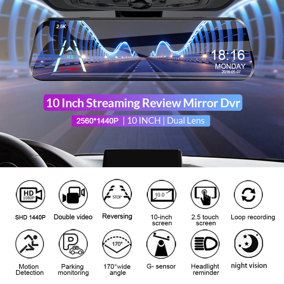 Car Dvr 10 Inch Rear View Mirror 2.5K WIFI Dash Cam With Rear View ...
