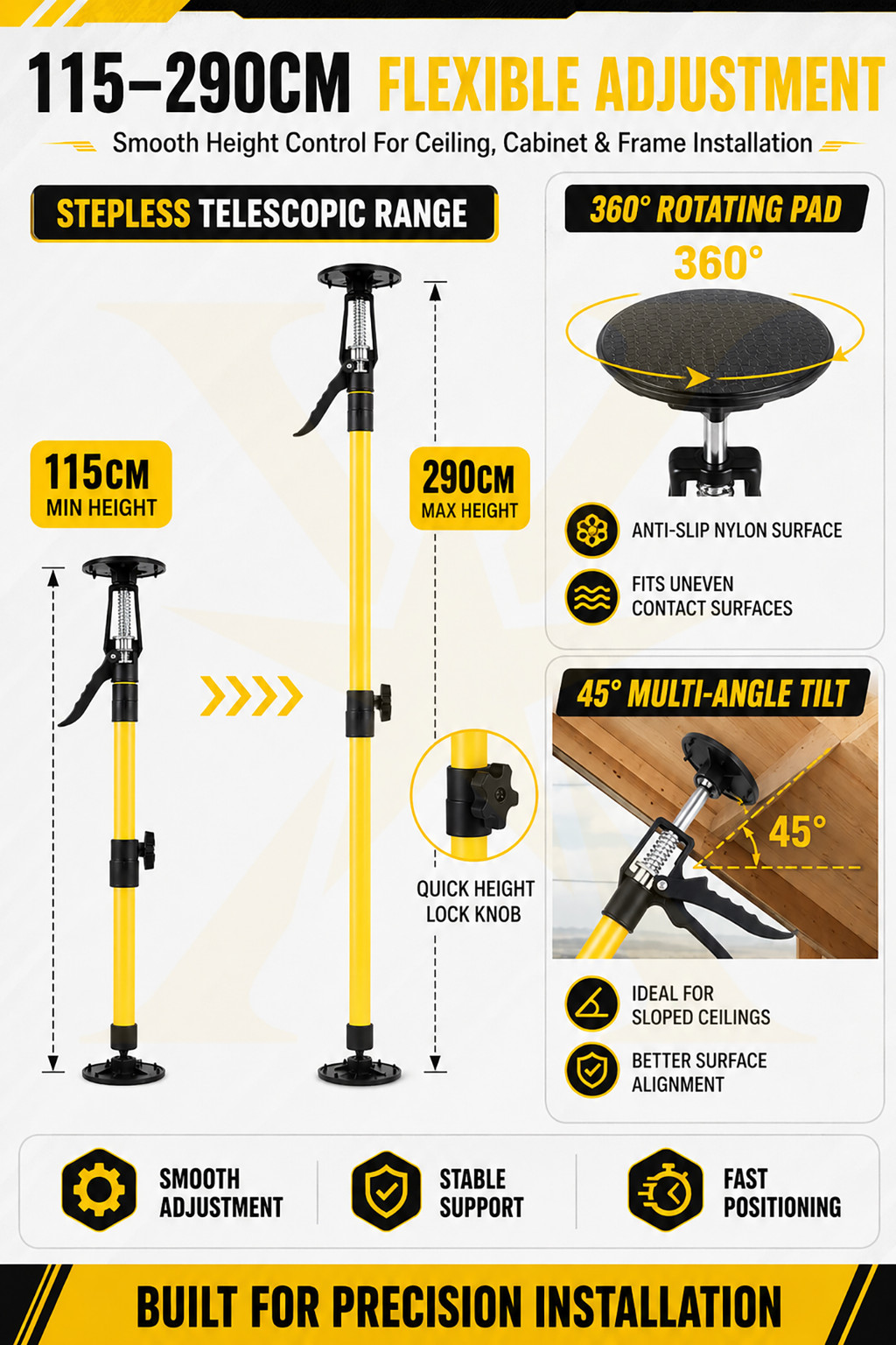 115-290cm Telescopic Support Rod Cabinet Jack Adjustable Drywall ...