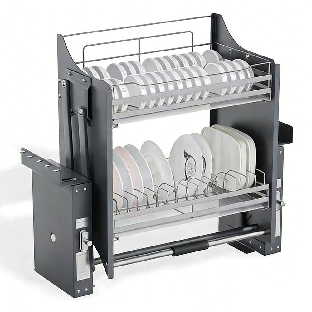 2 Tier Pull Down Dish Rack Built-In Kitchen Lifting Rack Soft Close ...