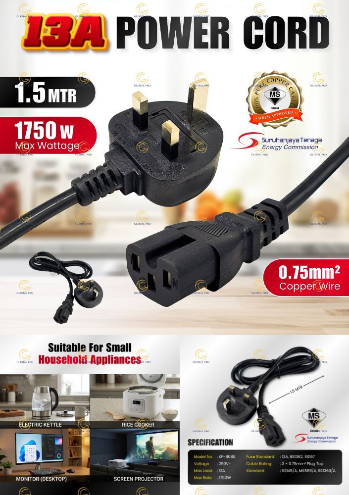 SIRIM PROMARK Power Cord 13A Fuse 1.5 Meter UK 3 Pin Plug C13 Wayar ...