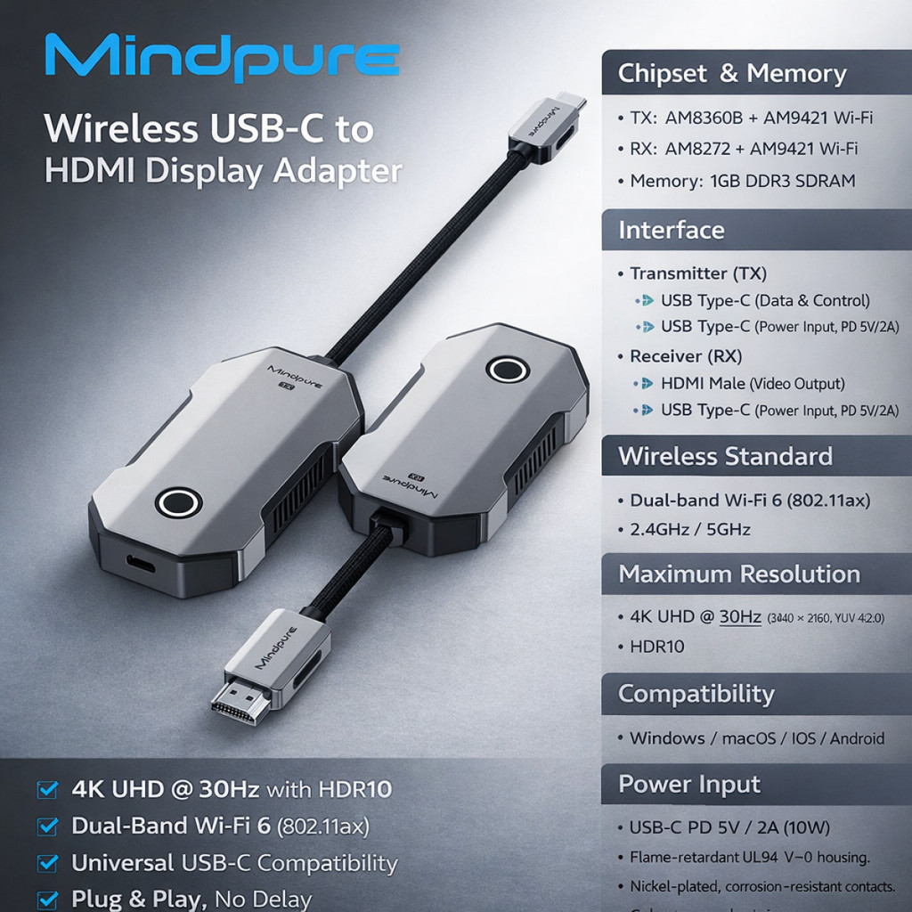 Mindpure Type-C / HDMI 50M 4K 5G Wi-Fi Wireless Screen Projector (HDMI ...