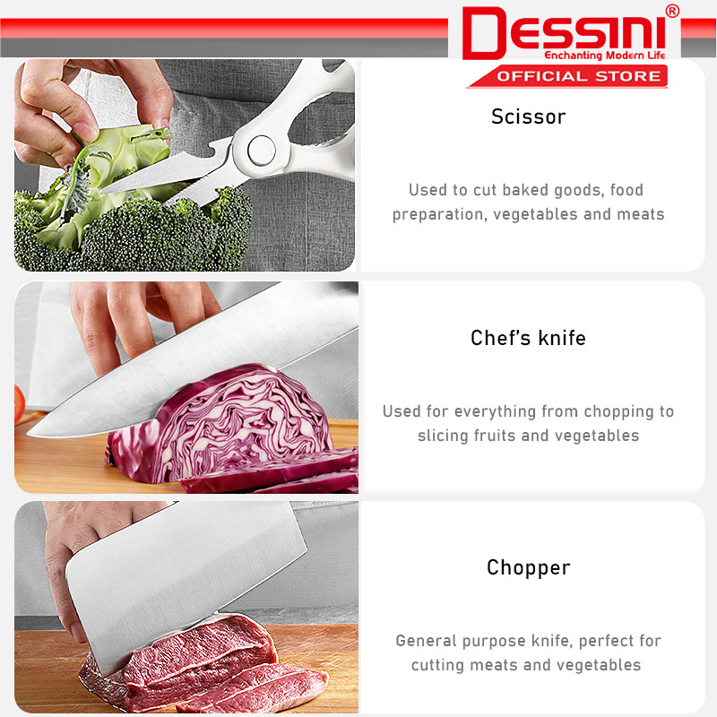 DESSINI ITALY 7 PCS Stainless Steel Kitchen Knife Cleaver Scissor ...
