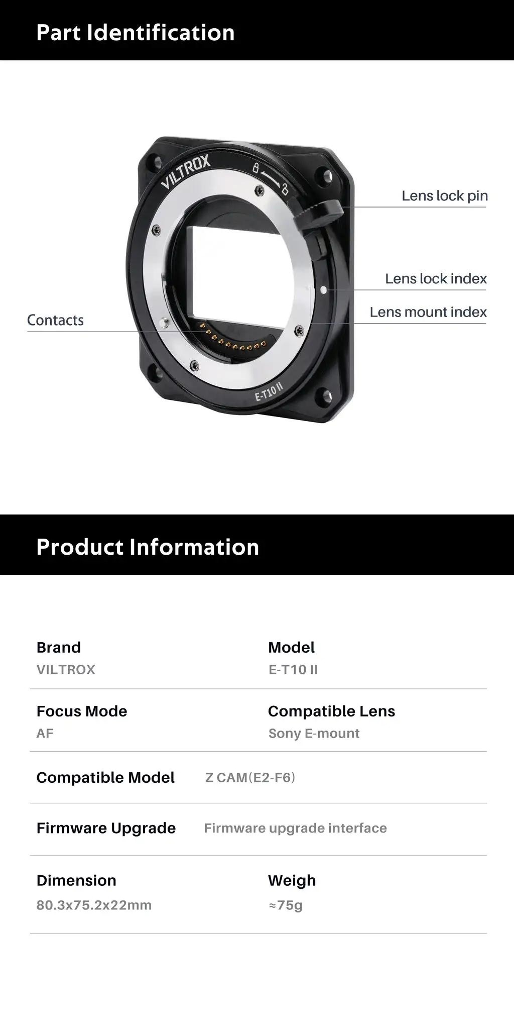 Viltrox E-T10 II Z-CAM Lens Adapter EF/PL Full Frame 6K for E Mount to ...
