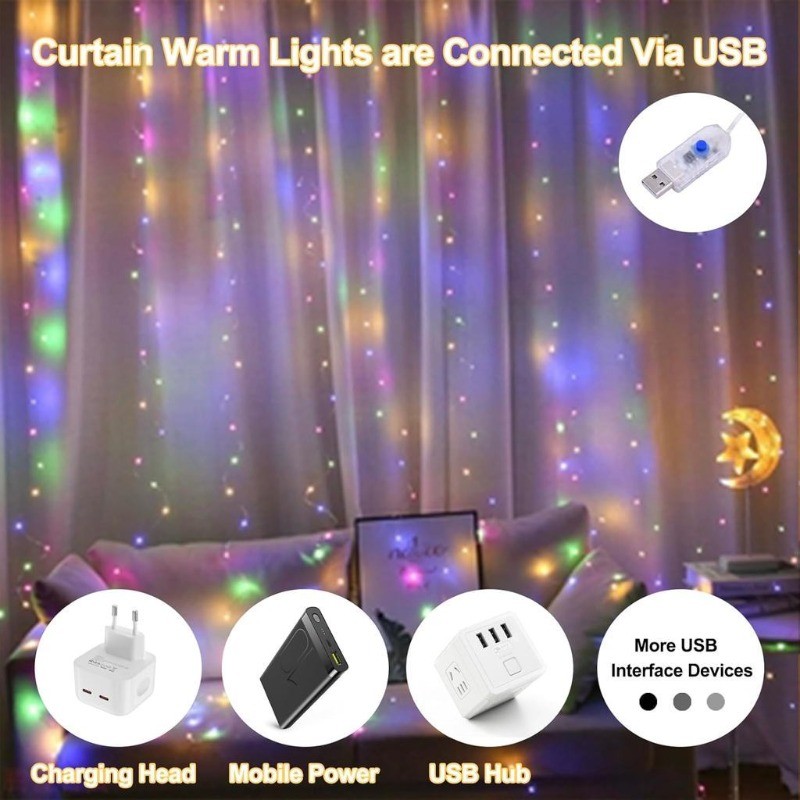 Raya USB Curtain Fairy Lights with Remote 8 Modes Warm White String ...