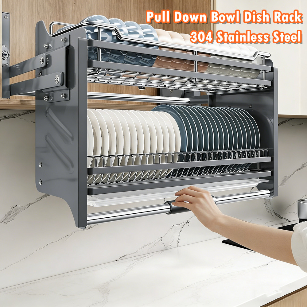 2 Tier Pull Down Dish Rack Built-In Kitchen Lifting Rack Soft Close ...