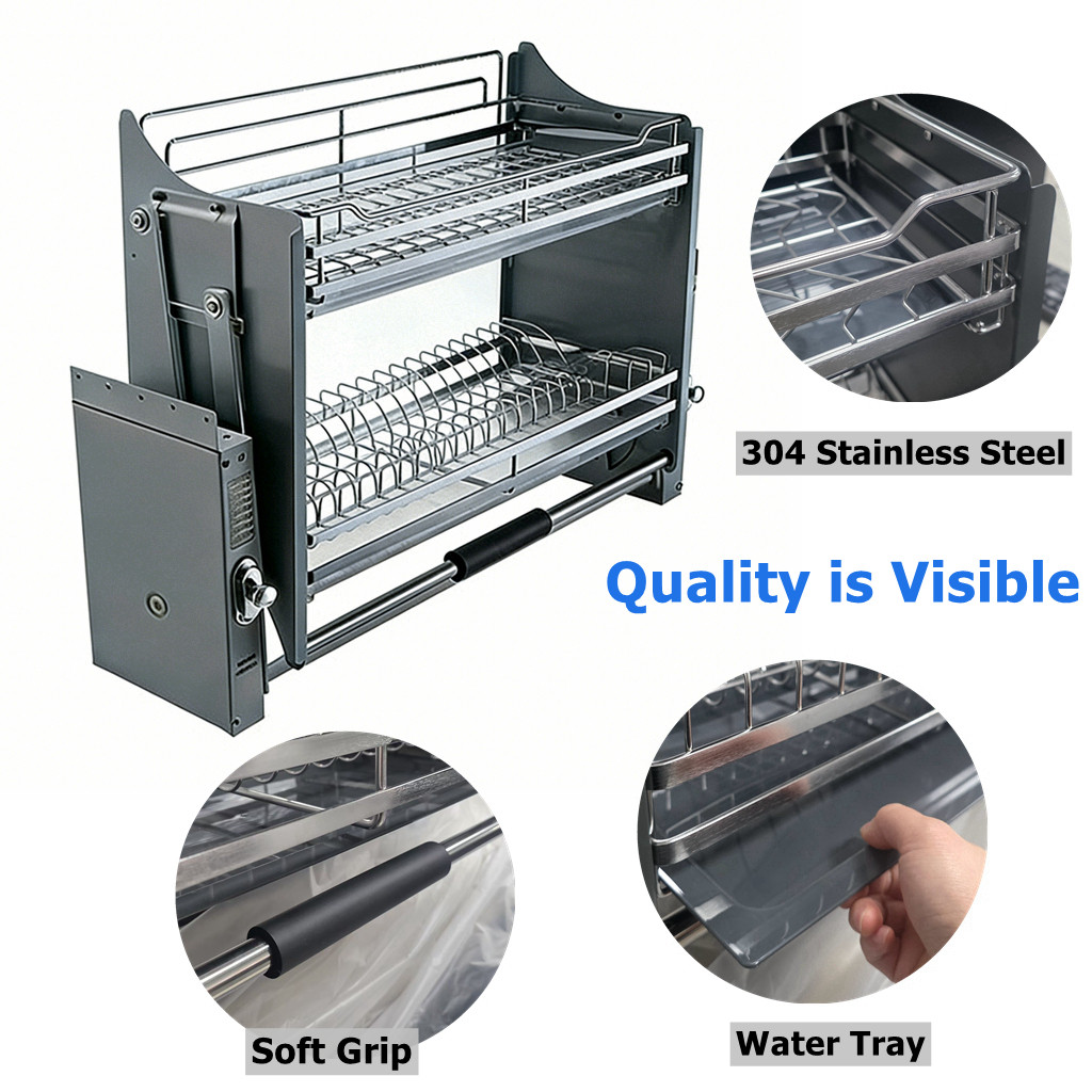2 Tier Pull Down Dish Rack Built-In Kitchen Lifting Rack Soft Close ...