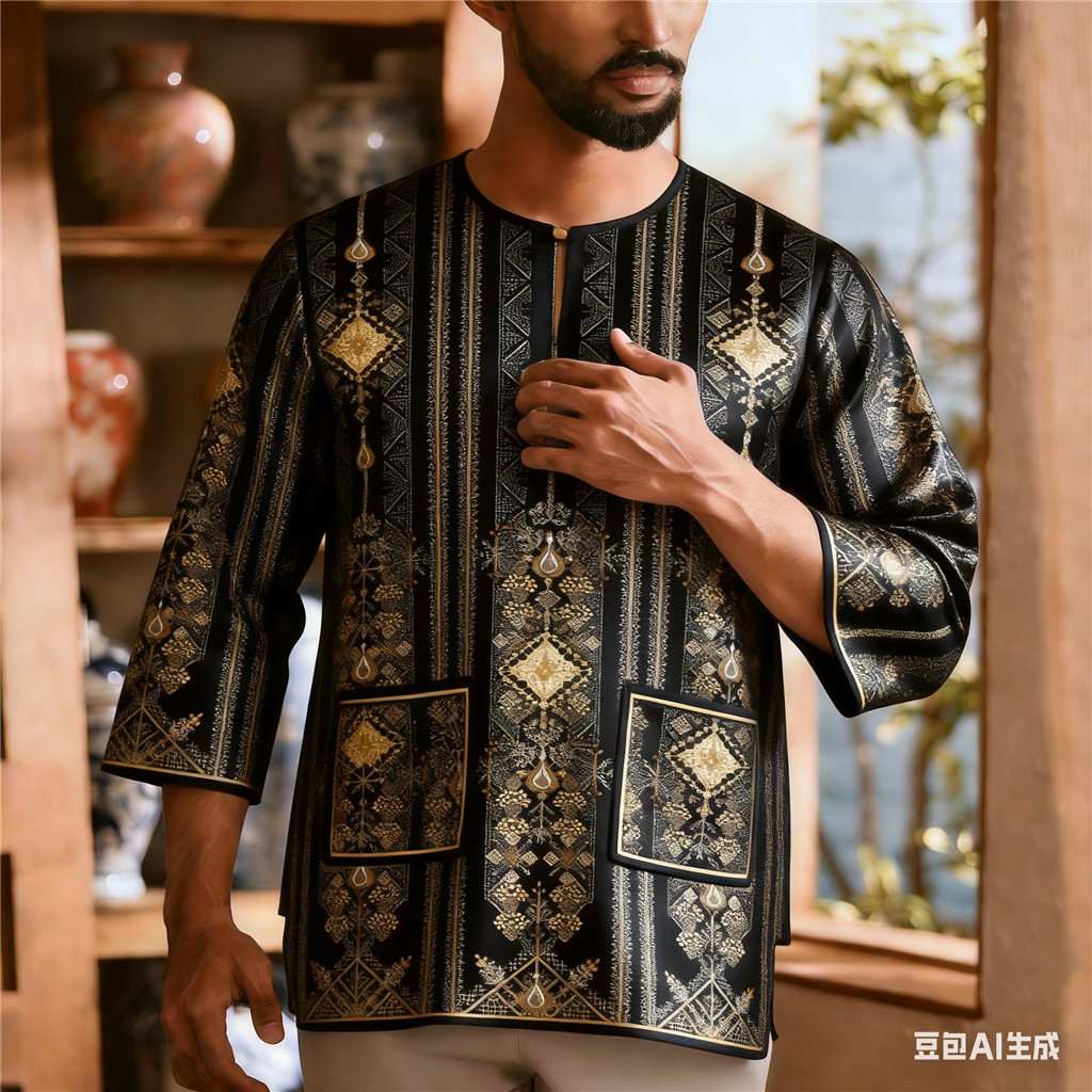 Hari Raya Kaizhai Festival Men's Kurta Luxury Gold Thread Printed Black ...