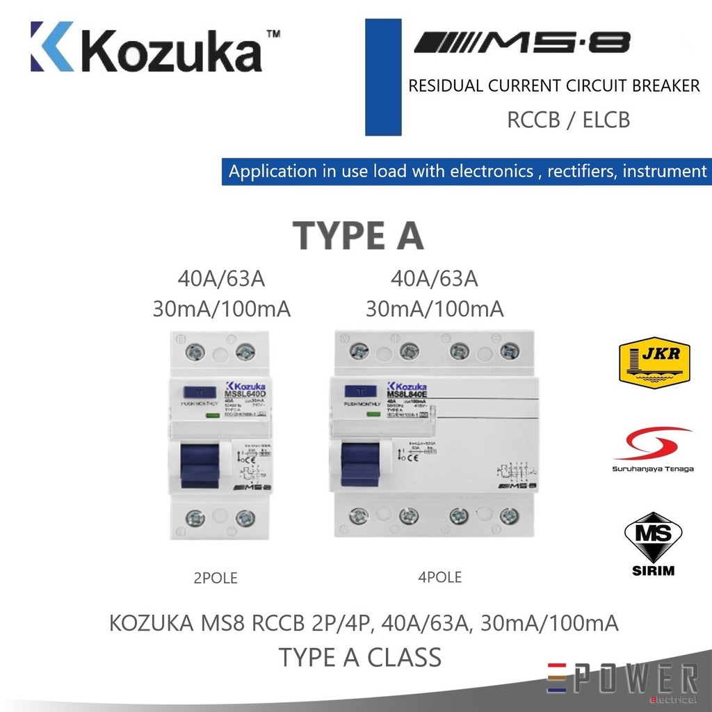 KOZUKA MS8 RCCB 2P/4P, 40A/63A, 30MA, TYPE A CLASS (EVCS) | Shopee Malaysia