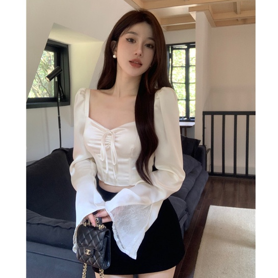 Sezo Korean Fashion Women's Temperament Satin Flare Sleeve Shirt Women 