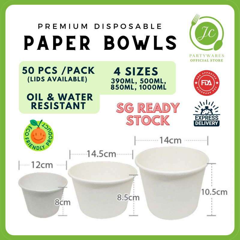 SG - Thick Quality Disposable Paper Bowl with Lid (White) 390ml/ 500ml ...