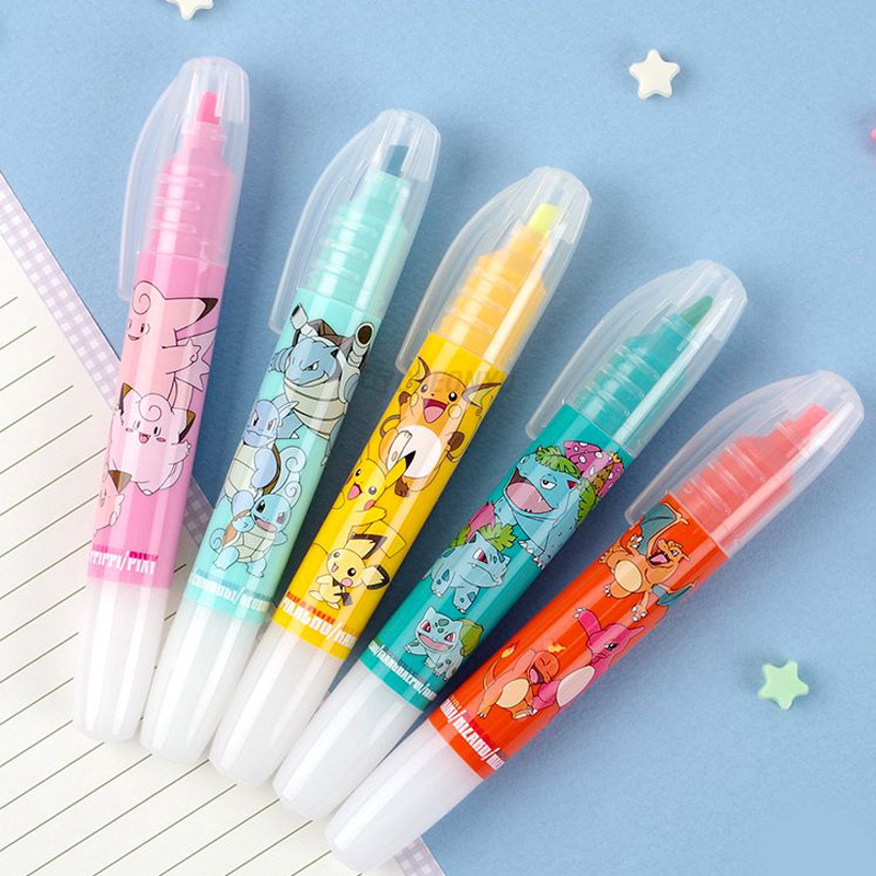 5pcs/1set Pokemon Thick Highlighter Pen 5colors Cute Korean Stationery
