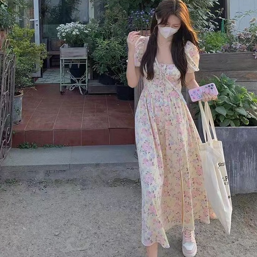 Summer New Tea Break Dress French Floral Bubble Sleeve Dress Women's