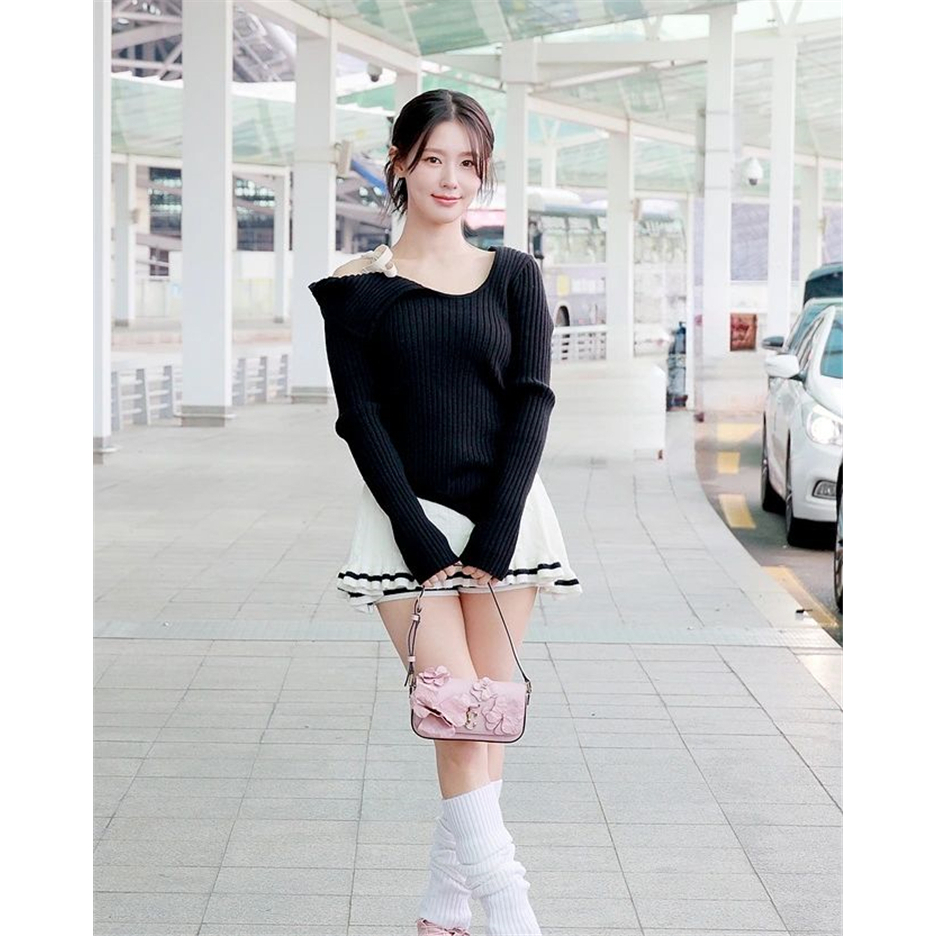 KOREA [ CIDER ] knitwear middle waist ruffle contrast binding skirt
