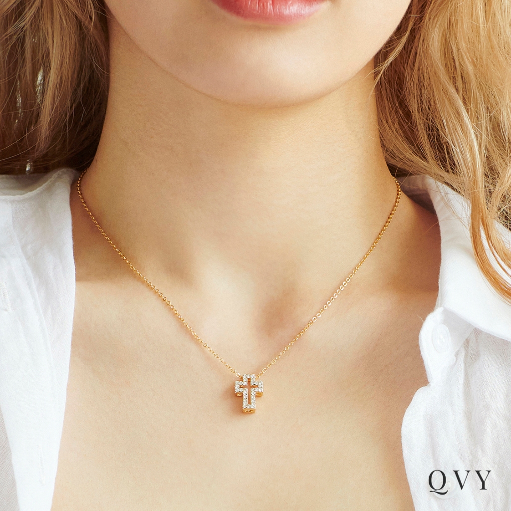 QVY Dainty Open Cross Necklace for Women • 18K Gold Plated Cubic