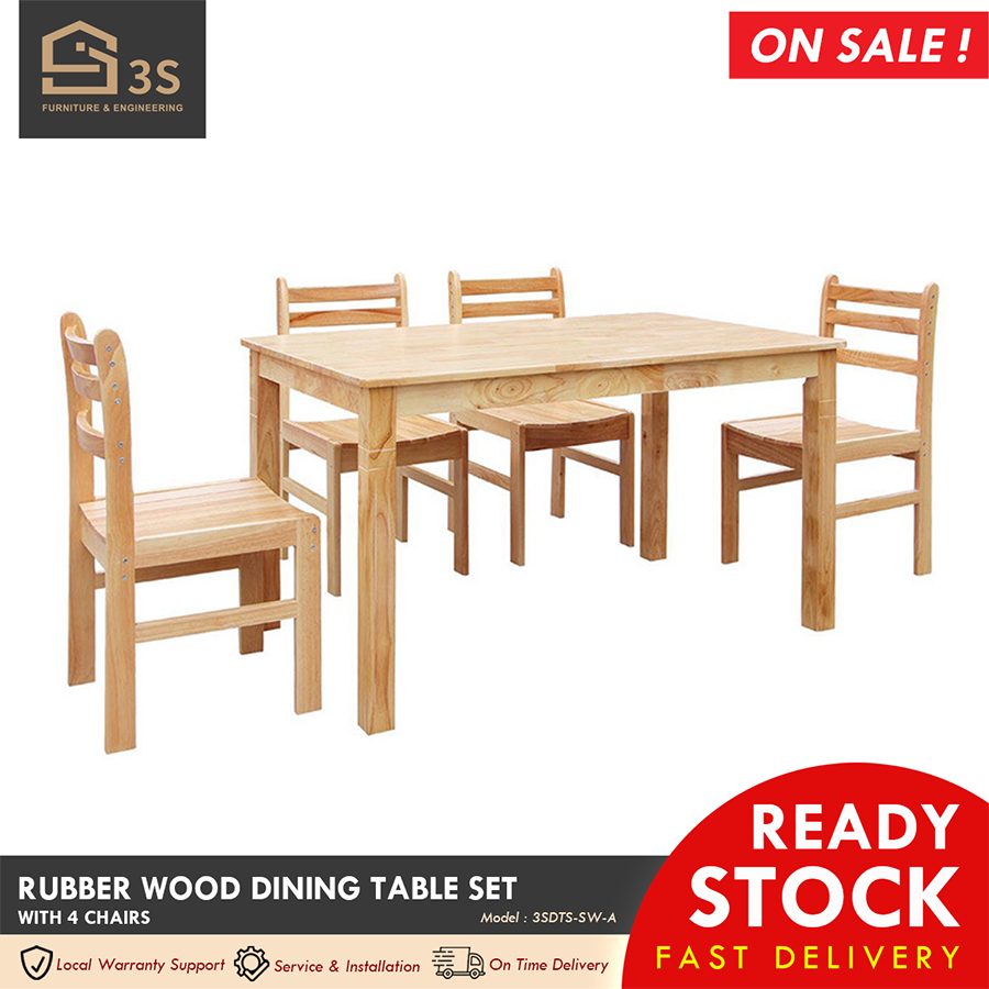 [3S FURNITURE] Solid Rubber Wood Dining Table Set with 4 Chairs for 4-6 ...