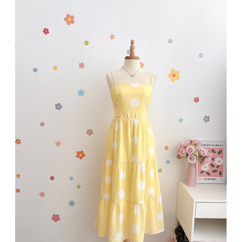 Silky Polka Dot Midi Tier Dress in Yellow | Shopee Malaysia