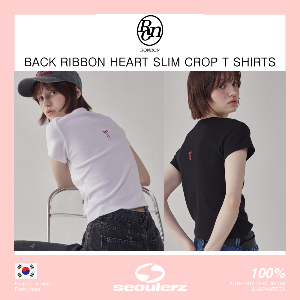 RONRON] BACK RIBBON HEART SLIM CROP T SHIRTS WHITE | Shopee